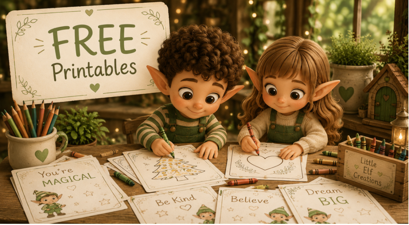 Two animated elves sitting at a table with coloring sheets and free printables sign.